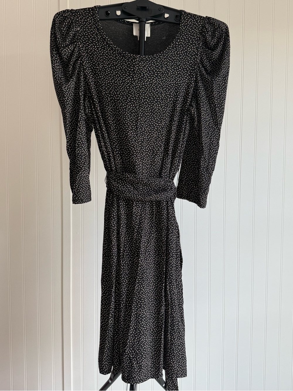 Maeve Small Black Printed Midi Dress with Puff Sleeves Coquette Business Modest